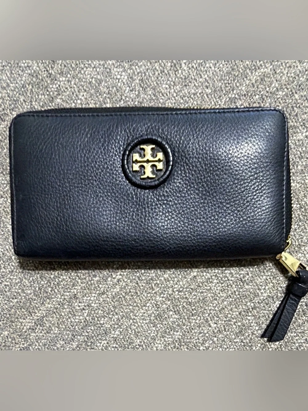Tory Burch Black Pebbled Leather Zip Card Wallet with Gold Trim